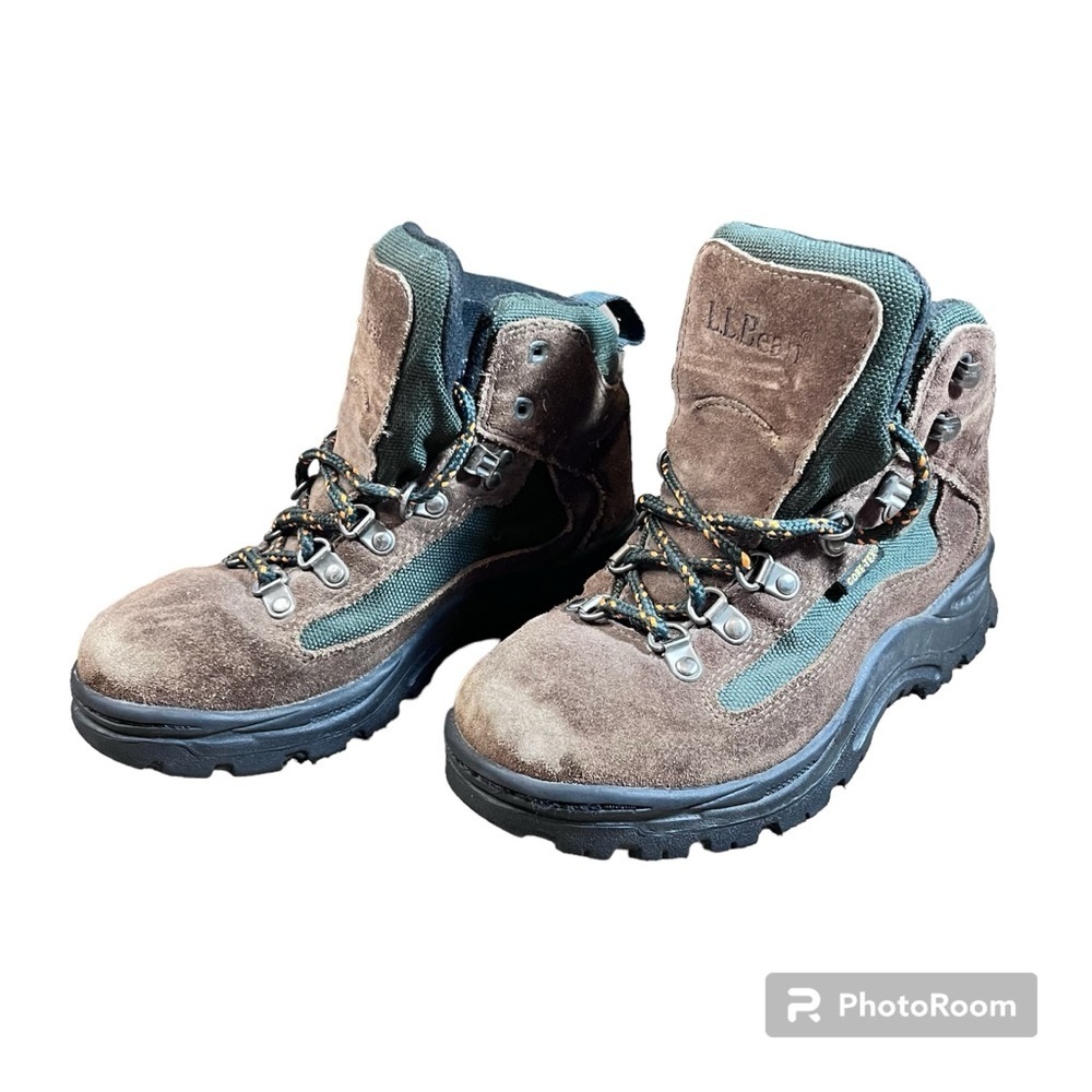 L.L. Bean Brown Green Gore Tex Kids Suede & Canvas Hiking and Trail Boots Size 1